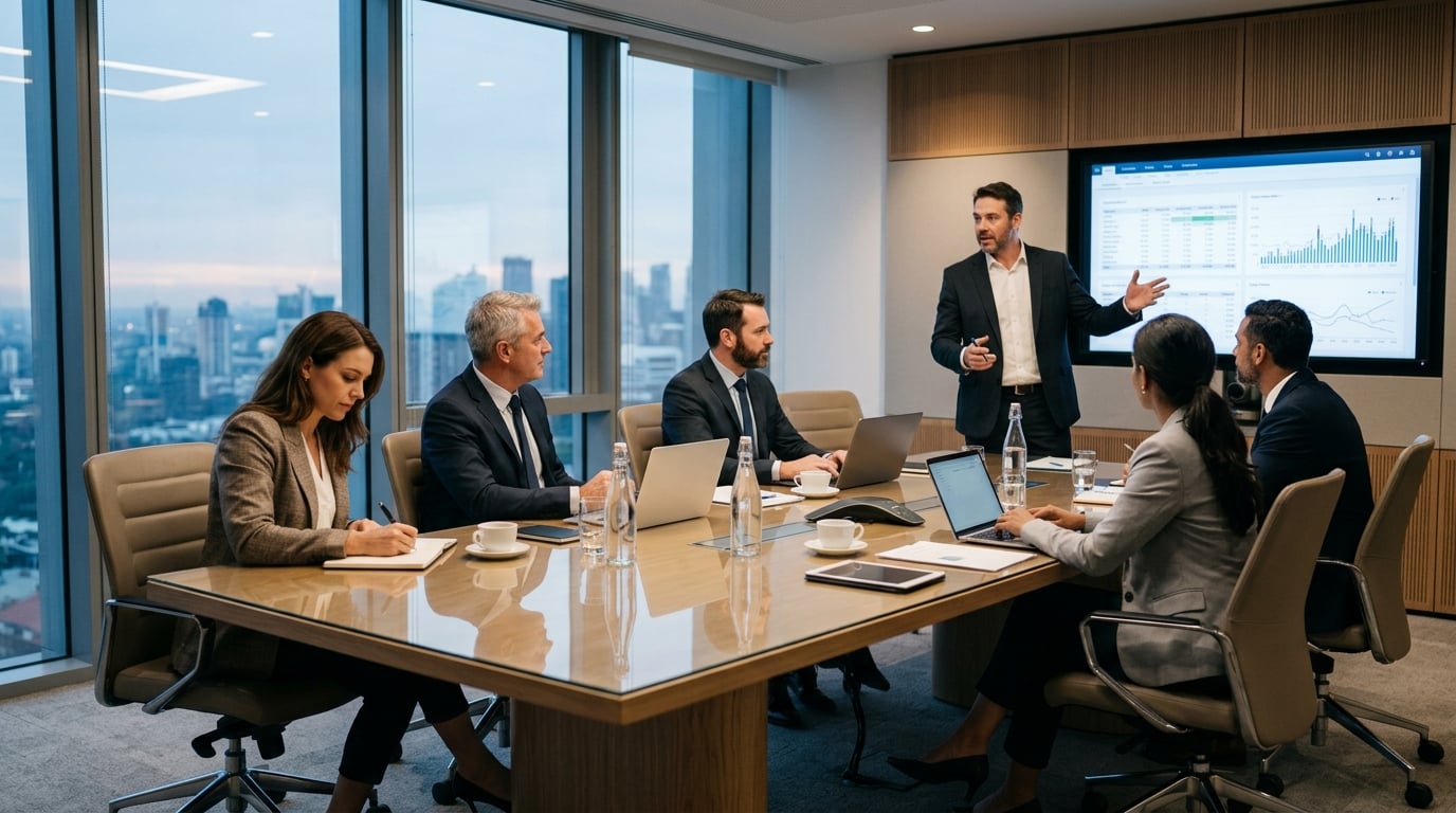 Corporate professionals collaborating in a modern meeting room